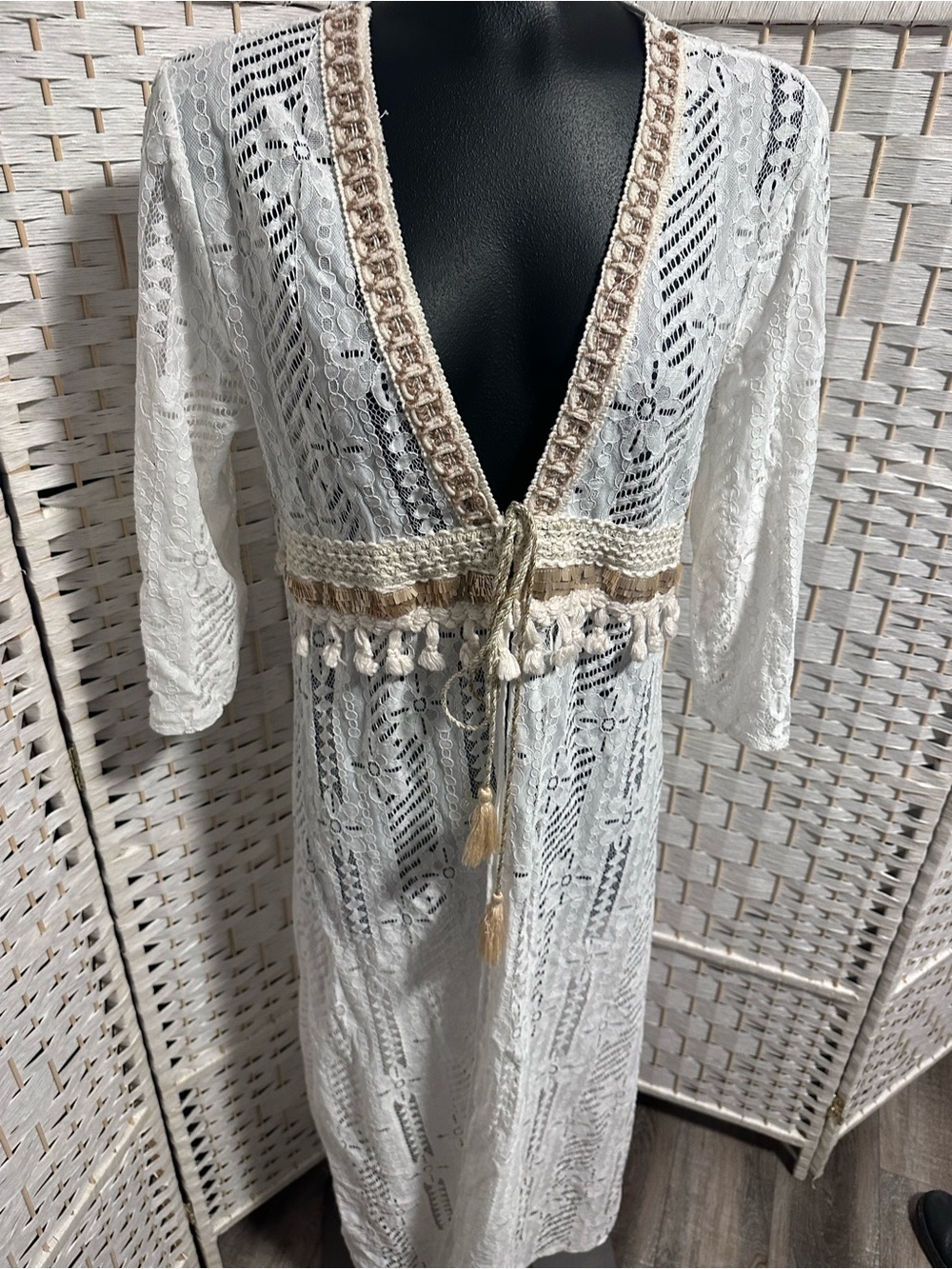 Lace White Long Duster with gold embellishments- boho vibes